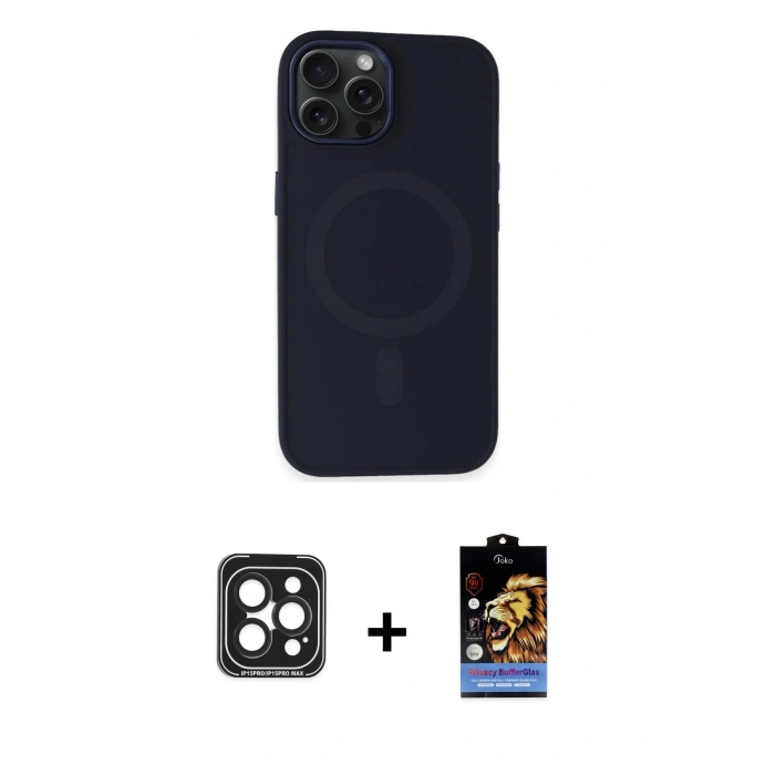 MARSİLYAN™- iPhone 15 Pro Max Kılıf Kutup Serisi - Siyah Buffer Hayalet Cam Ekran Koruyucu + PVD Metal Kamera Lens - SH