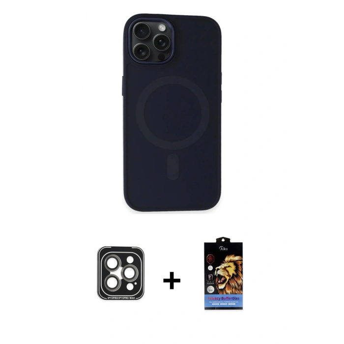 MARSİLYAN™- iPhone 15 Pro Max Kılıf Kutup Serisi - Siyah Buffer Hayalet Cam Ekran Koruyucu + PVD Metal Kamera Lens - GI