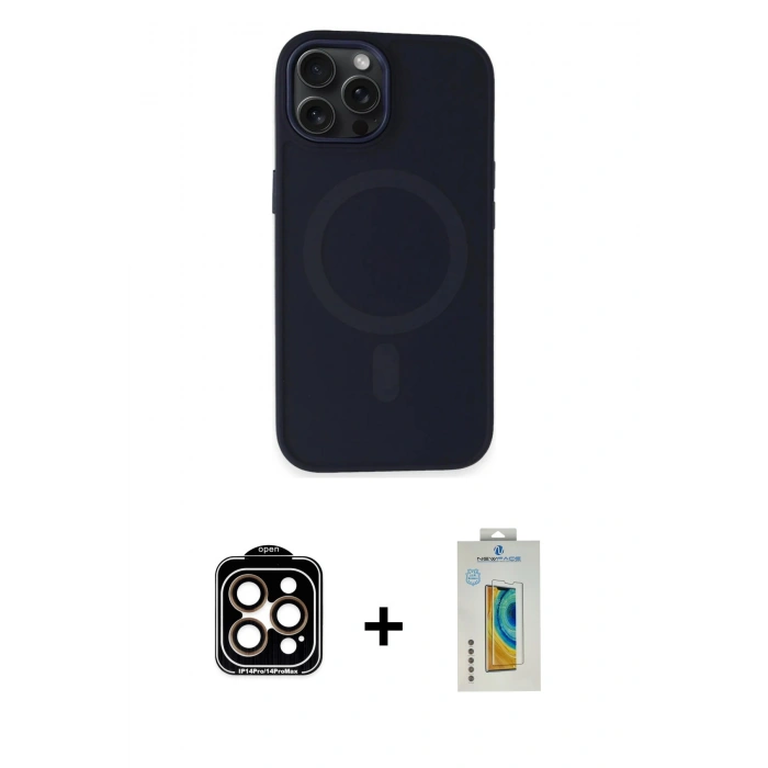 MARSİLYAN™- iPhone 15 Pro Max Kılıf Kutup Serisi - Siyah Polymer Nano Ekran Koruyucu + Turuncu PVD Metal Kamera Lens