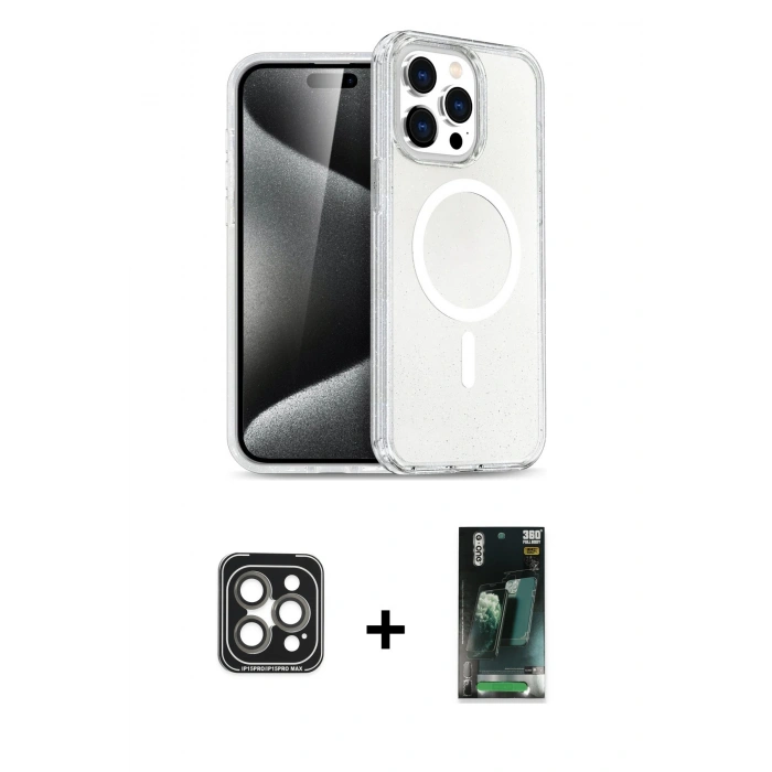 MARSİLYAN™- iPhone 15 Pro Max Kılıf Nova Asil Prime - Şeffaf 360 Full Body Arka Koruyucu + PVD Metal Kamera Lens - GI