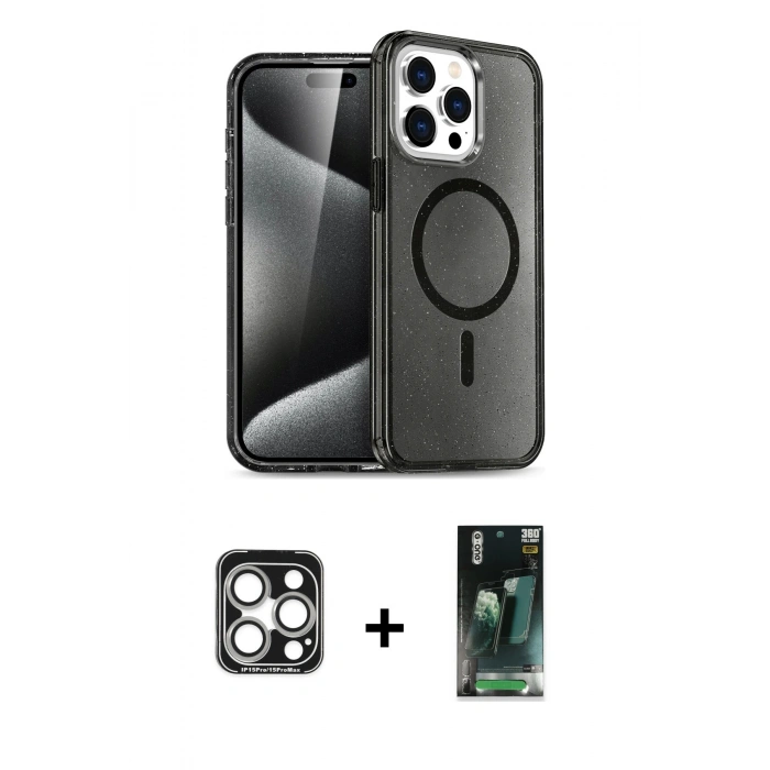 MARSİLYAN™- iPhone 15 Pro Max Kılıf Nova Asil Prime - Şeffaf 360 Full Body Arka Koruyucu + PVD Metal Kamera Lens - GS