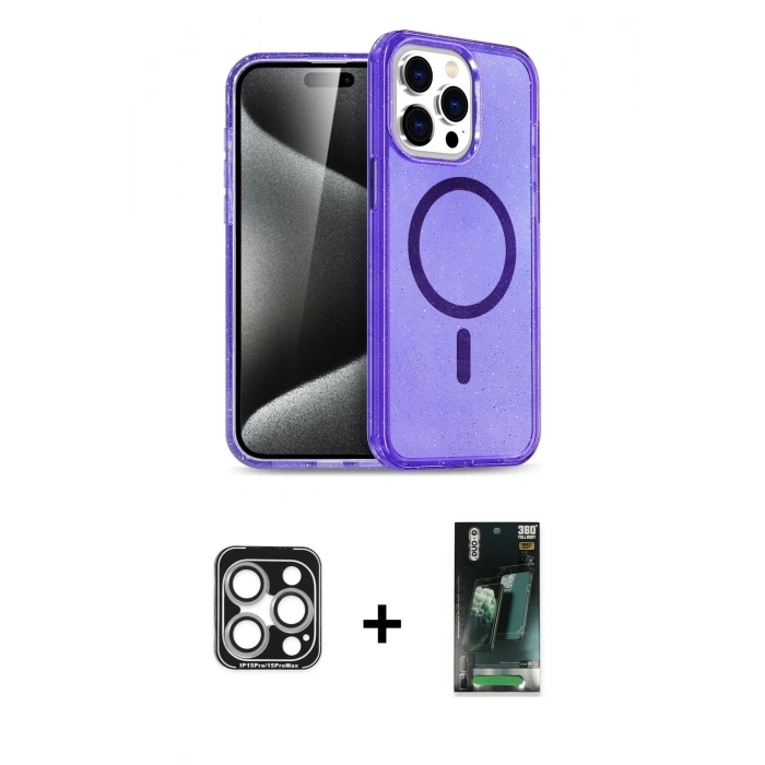 MARSİLYAN™- iPhone 15 Pro Max Kılıf Nova Asil Prime - Şeffaf 360 Full Body Arka Koruyucu + PVD Metal Kamera Lens - GS
