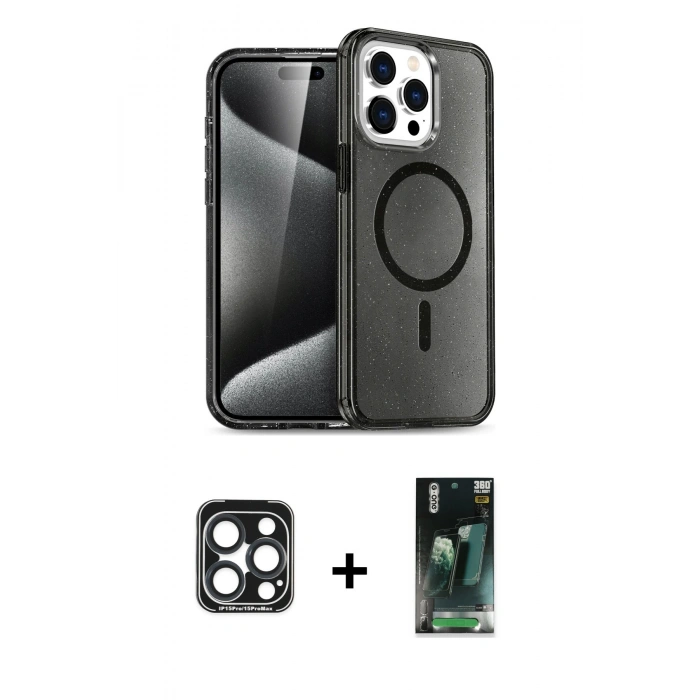 MARSİLYAN™- iPhone 15 Pro Max Kılıf Nova Asil Prime - Şeffaf 360 Full Body Arka Koruyucu + PVD Metal Kamera Lens - LT