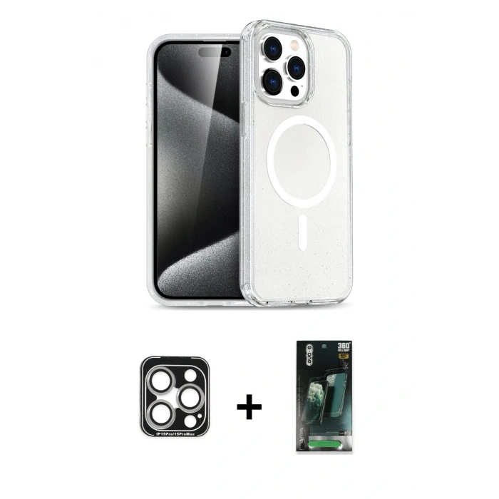 MARSİLYAN™- iPhone 15 Pro Max Kılıf Nova Asil Prime - Şeffaf 360 Full Body Arka Koruyucu + PVD Metal Kamera Lens - GS