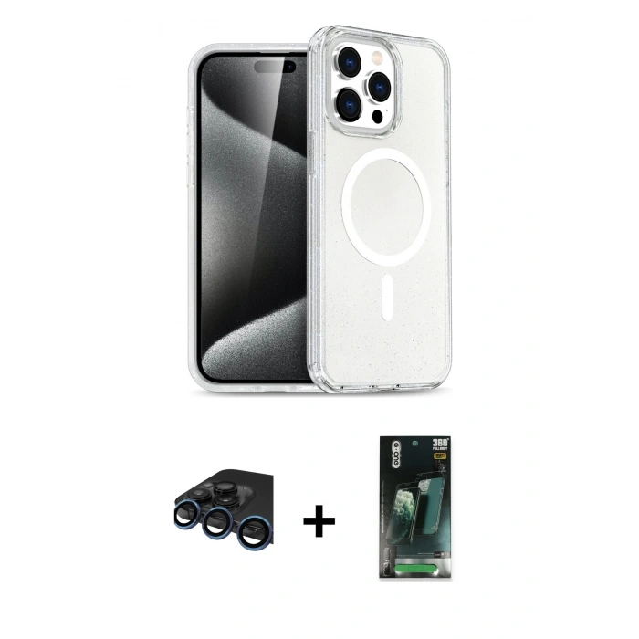 MARSİLYAN™- iPhone 15 Pro Max Kılıf Nova Asil Prime - Şeffaf 360 Full Body Arka Koruyucu + Raze Metal Kamera Lens - LT