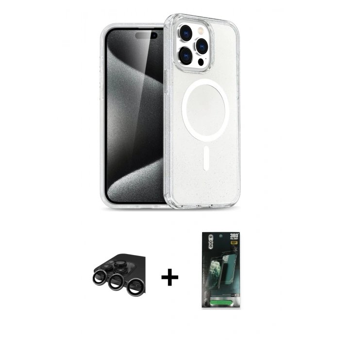 MARSİLYAN™- iPhone 15 Pro Max Kılıf Nova Asil Prime - Şeffaf 360 Full Body Arka Koruyucu + Raze Metal Kamera Lens - TMGI