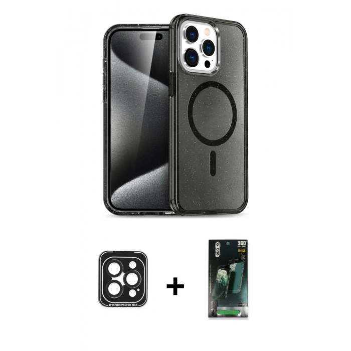 MARSİLYAN™- iPhone 15 Pro Max Kılıf Nova Asil Prime - Şeffaf 360 Full Body Arka Koruyucu + PVD Metal Kamera Lens - SH