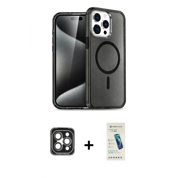 MARSİLYAN™- iPhone 15 Pro Max Kılıf Nova Asil Prime - Şeffaf Pasifik Cam Ekran Koruyucu + PVD Metal Kamera Lens - GI