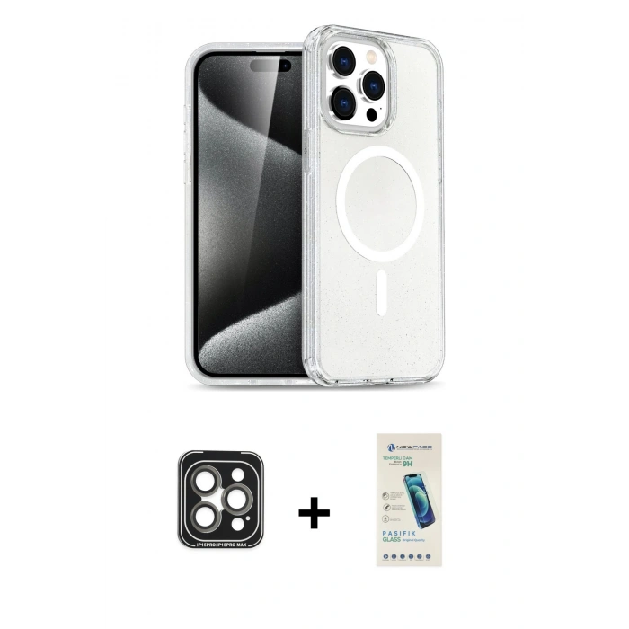 MARSİLYAN™- iPhone 15 Pro Max Kılıf Nova Asil Prime - Şeffaf Pasifik Cam Ekran Koruyucu + PVD Metal Kamera Lens - GI