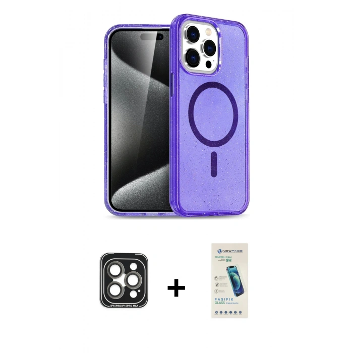 MARSİLYAN™- iPhone 15 Pro Max Kılıf Nova Asil Prime - Şeffaf Pasifik Cam Ekran Koruyucu + PVD Metal Kamera Lens - GI