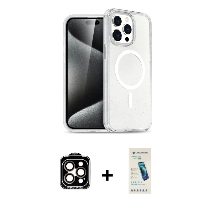 MARSİLYAN™- iPhone 15 Pro Max Kılıf Nova Asil Prime - Şeffaf Pasifik Cam Ekran Koruyucu + PVD Metal Kamera Lens - TU