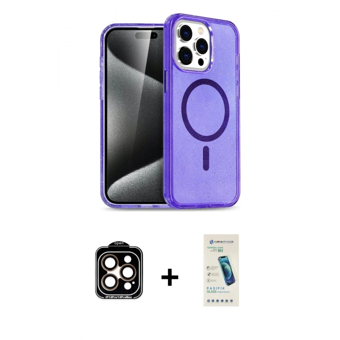 MARSİLYAN™- iPhone 15 Pro Max Kılıf Nova Asil Prime - Şeffaf Pasifik Cam Ekran Koruyucu + PVD Metal Kamera Lens - TU