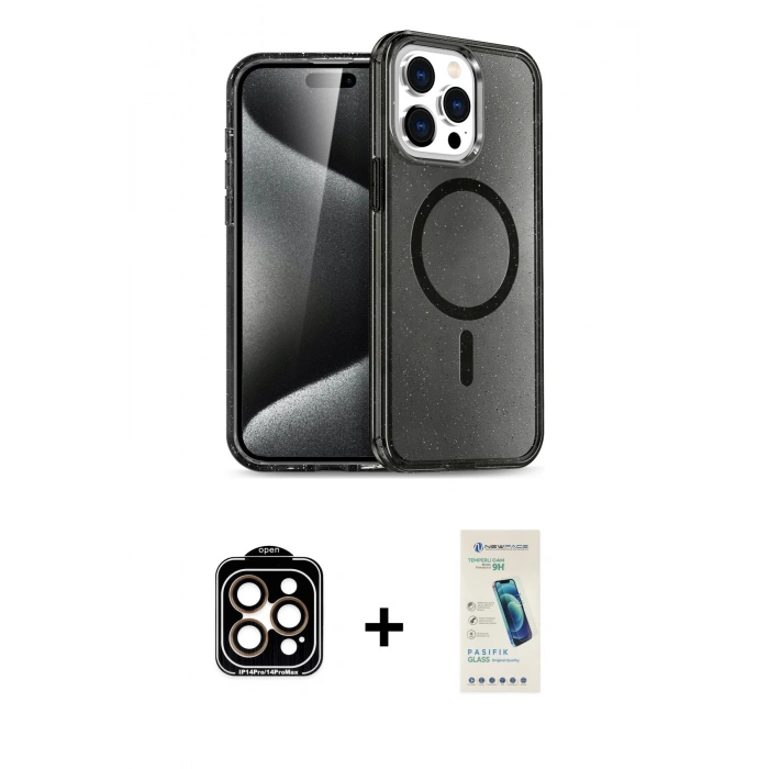 MARSİLYAN™- iPhone 15 Pro Max Kılıf Nova Asil Prime - Şeffaf Pasifik Cam Ekran Koruyucu + PVD Metal Kamera Lens - TU