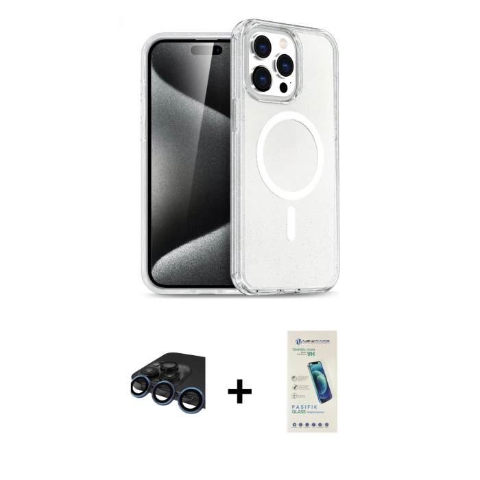 MARSİLYAN™- iPhone 15 Pro Max Kılıf Nova Asil Prime - Şeffaf Pasifik Cam Ekran Koruyucu + Raze Metal Kamera Lens - LT