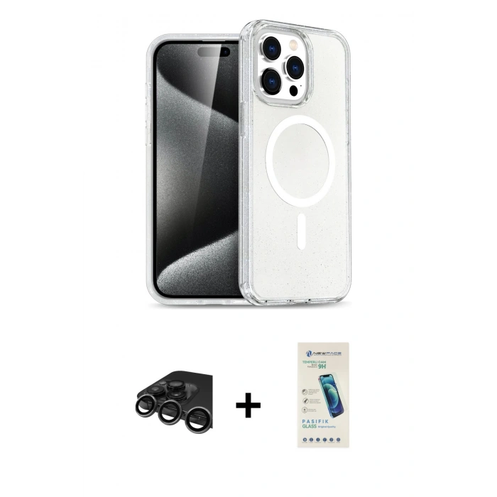 MARSİLYAN™- iPhone 15 Pro Max Kılıf Nova Asil Prime - Şeffaf Pasifik Cam Ekran Koruyucu + Raze Metal Kamera Lens - TMGI