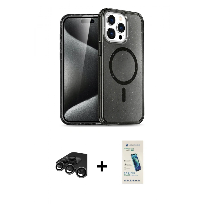 MARSİLYAN™- iPhone 15 Pro Max Kılıf Nova Asil Prime - Şeffaf Pasifik Cam Ekran Koruyucu + Raze Metal Kamera Lens - TMGI