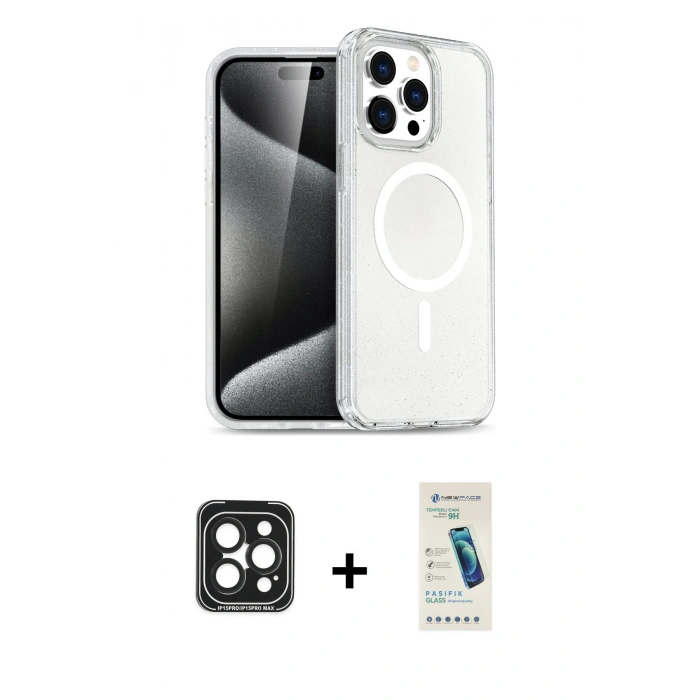 MARSİLYAN™- iPhone 15 Pro Max Kılıf Nova Asil Prime - Şeffaf Pasifik Cam Ekran Koruyucu + Siyah PVD Metal Kamera Lens