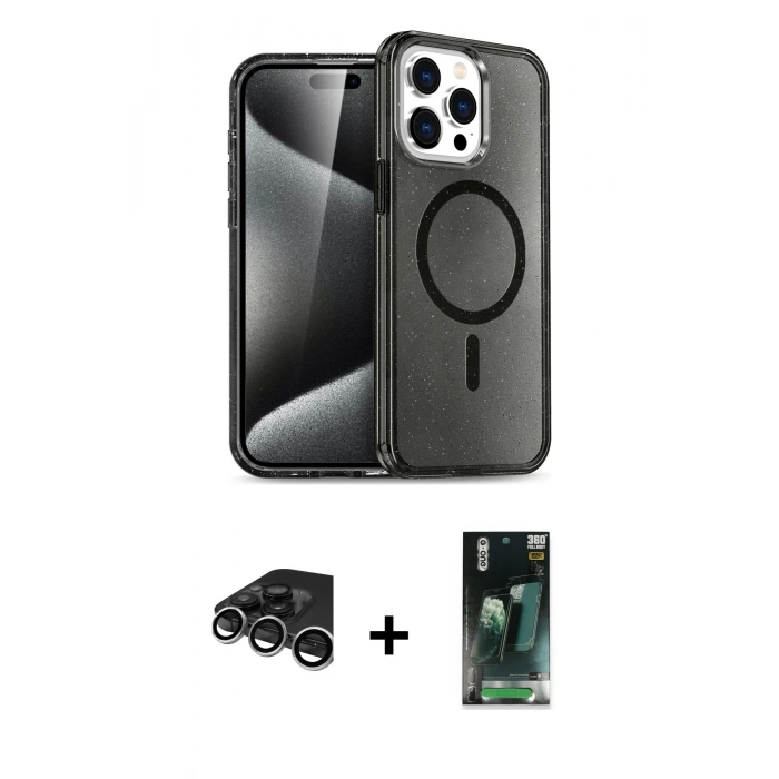MARSİLYAN™- iPhone 15 Pro Max Kılıf Nova Asil Prime - Siyah 360 Mat Full Body Arka Koruyucu + Raze Metal Kamera Lens - GS