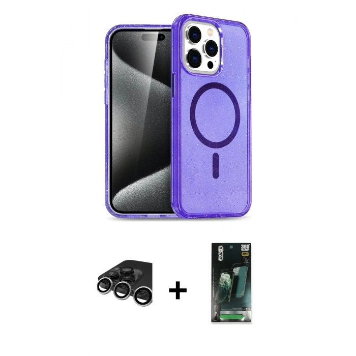 MARSİLYAN™- iPhone 15 Pro Max Kılıf Nova Asil Prime - Siyah 360 Mat Full Body Arka Koruyucu + Raze Metal Kamera Lens - GS