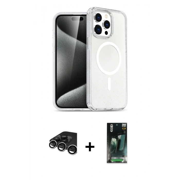 MARSİLYAN™- iPhone 15 Pro Max Kılıf Nova Asil Prime - Siyah 360 Mat Full Body Arka Koruyucu + Raze Metal Kamera Lens - GS