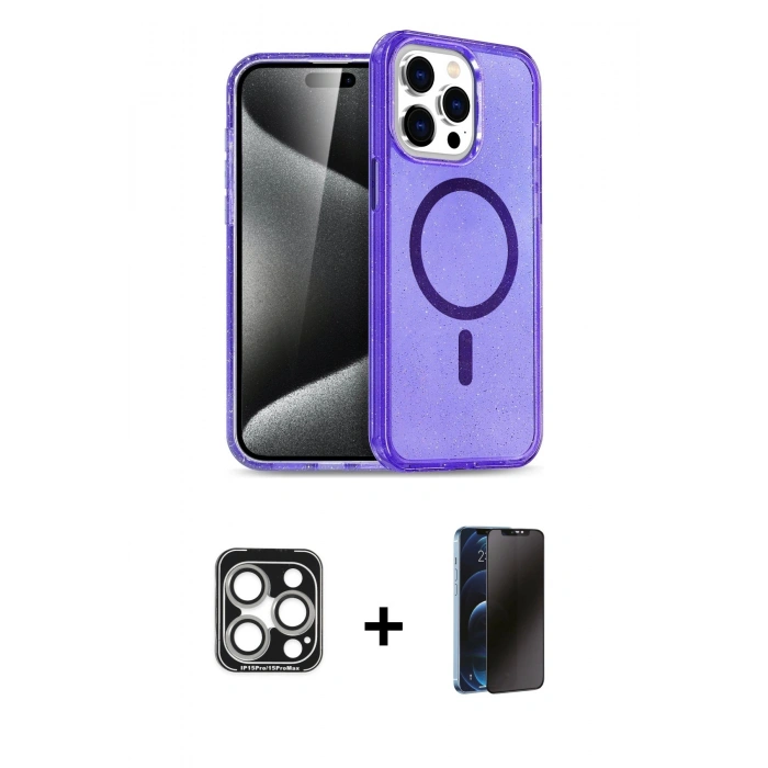 MARSİLYAN™- iPhone 15 Pro Max Kılıf Nova Asil Prime - Siyah 3D Antistatik Hayalet Cam Ekran Koruyucu + PVD Metal Kamera Lens - GS