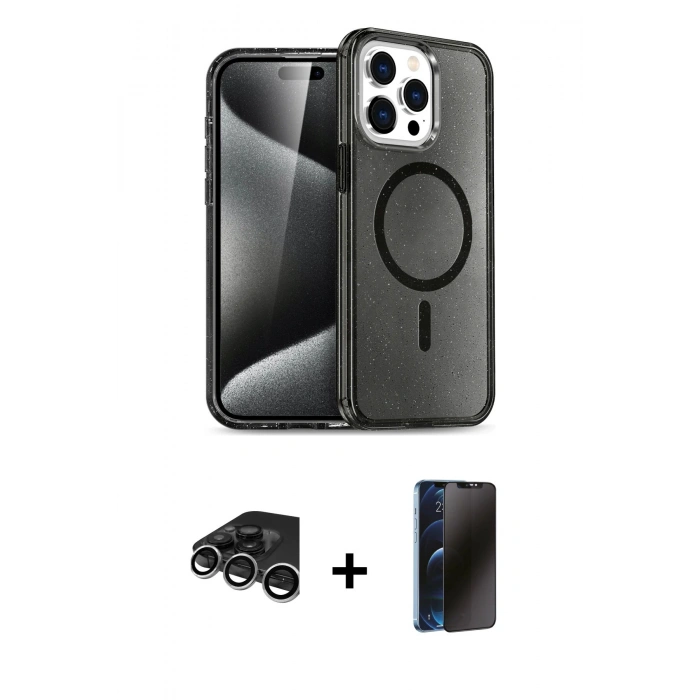 MARSİLYAN™- iPhone 15 Pro Max Kılıf Nova Asil Prime - Siyah 3D Antistatik Hayalet Cam Ekran Koruyucu + Raze Metal Kamera Lens - GS