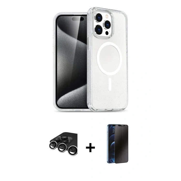 MARSİLYAN™- iPhone 15 Pro Max Kılıf Nova Asil Prime - Siyah 3D Antistatik Hayalet Cam Ekran Koruyucu + Raze Metal Kamera Lens - GS