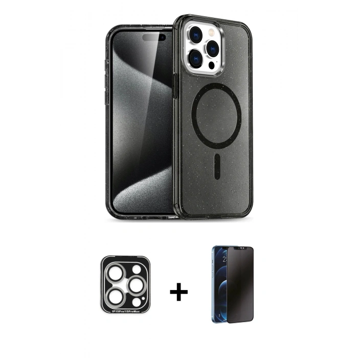 MARSİLYAN™- iPhone 15 Pro Max Kılıf Nova Asil Prime - Siyah 3D Antistatik Hayalet Cam Ekran Koruyucu + PVD Metal Kamera Lens - GS