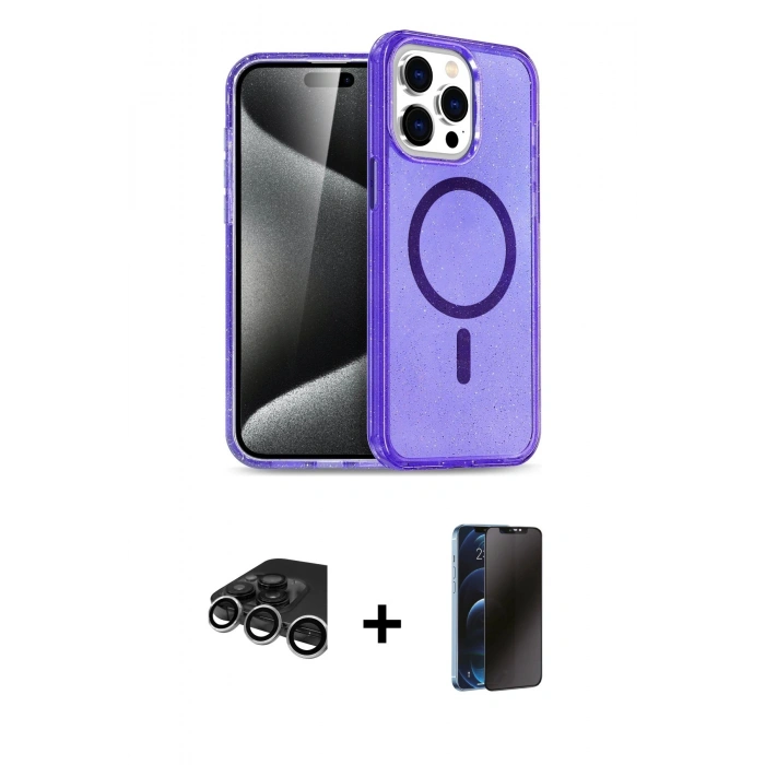 MARSİLYAN™- iPhone 15 Pro Max Kılıf Nova Asil Prime - Siyah 3D Antistatik Hayalet Cam Ekran Koruyucu + Raze Metal Kamera Lens - GS