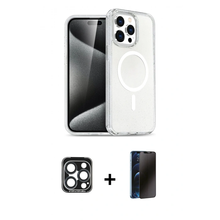 MARSİLYAN™- iPhone 15 Pro Max Kılıf Nova Asil Prime - Siyah 3D Antistatik Hayalet Cam Ekran Koruyucu + Lacivert PVD Metal Kamera Lens