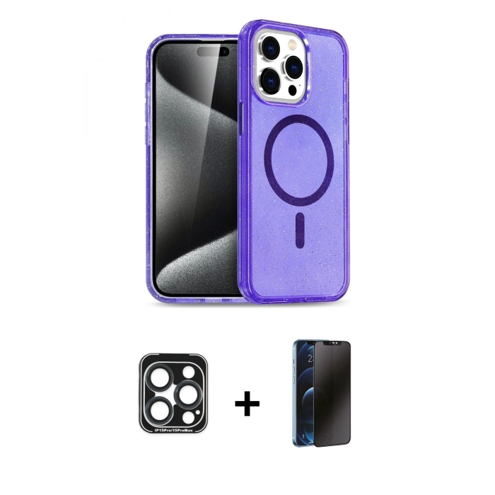 MARSİLYAN™- iPhone 15 Pro Max Kılıf Nova Asil Prime - Siyah 3D Antistatik Hayalet Cam Ekran Koruyucu + Lacivert PVD Metal Kamera Lens