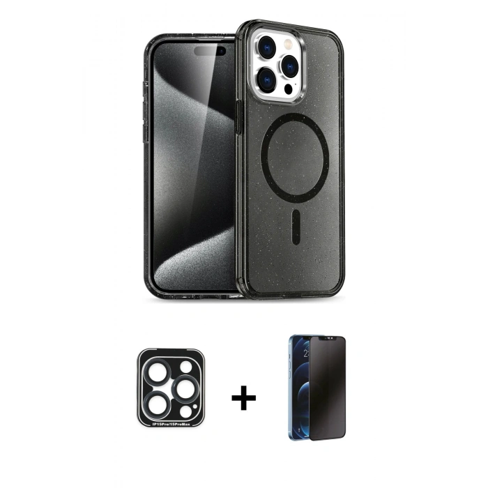 MARSİLYAN™- iPhone 15 Pro Max Kılıf Nova Asil Prime - Siyah 3D Antistatik Hayalet Cam Ekran Koruyucu + Lacivert PVD Metal Kamera Lens