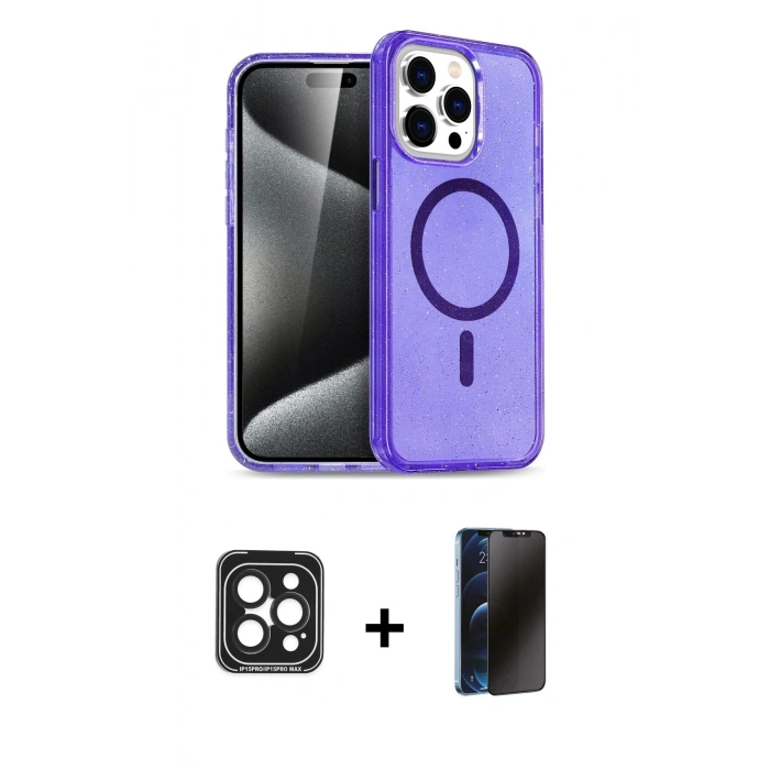 MARSİLYAN™- iPhone 15 Pro Max Kılıf Nova Asil Prime - Siyah 3D Antistatik Hayalet Cam Ekran Koruyucu + PVD Metal Kamera Lens - SH