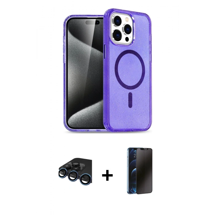 MARSİLYAN™- iPhone 15 Pro Max Kılıf Nova Asil Prime - Siyah 3D Antistatik Hayalet Cam Ekran Koruyucu + Raze Metal Kamera Lens - LT