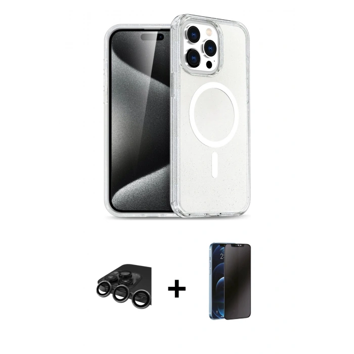 MARSİLYAN™- iPhone 15 Pro Max Kılıf Nova Asil Prime - Siyah 3D Antistatik Hayalet Cam Ekran Koruyucu + Raze Metal Kamera Lens - TMGI
