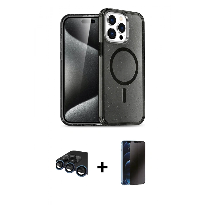 MARSİLYAN™- iPhone 15 Pro Max Kılıf Nova Asil Prime - Siyah 3D Antistatik Hayalet Cam Ekran Koruyucu + Raze Metal Kamera Lens - LT