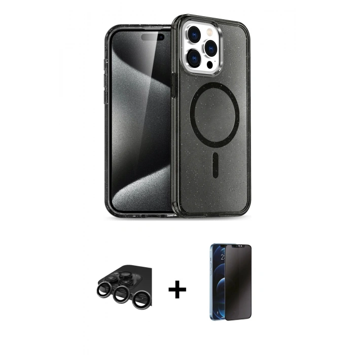 MARSİLYAN™- iPhone 15 Pro Max Kılıf Nova Asil Prime - Siyah 3D Antistatik Hayalet Cam Ekran Koruyucu + Raze Metal Kamera Lens - TMGI