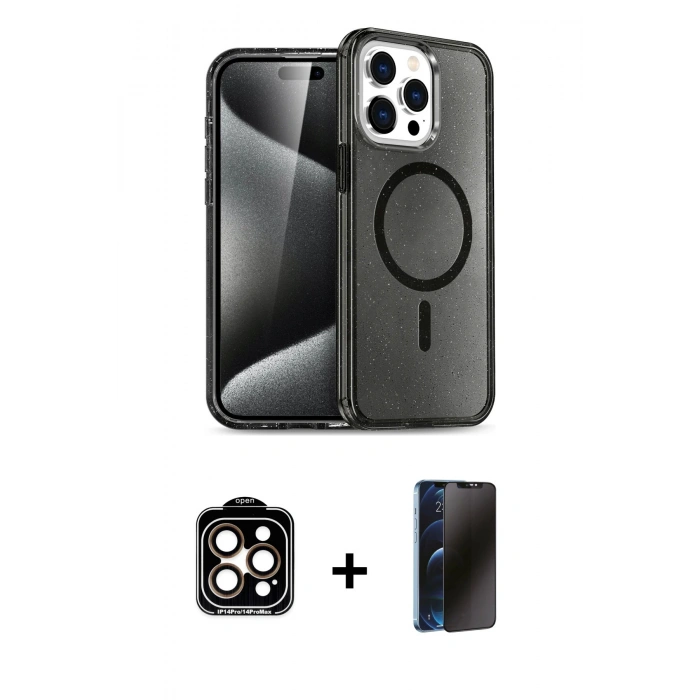 MARSİLYAN™- iPhone 15 Pro Max Kılıf Nova Asil Prime - Siyah 3D Antistatik Hayalet Cam Ekran Koruyucu + PVD Metal Kamera Lens - TU