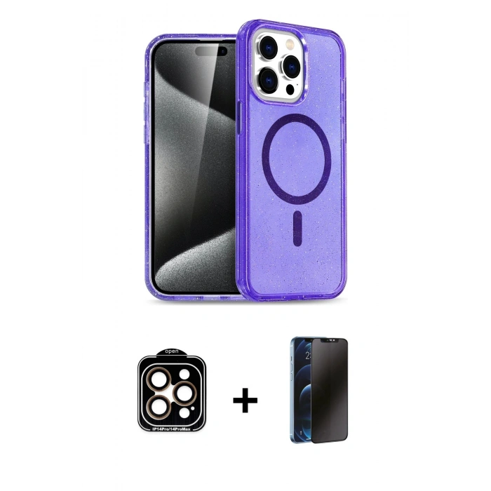 MARSİLYAN™- iPhone 15 Pro Max Kılıf Nova Asil Prime - Siyah 3D Antistatik Hayalet Cam Ekran Koruyucu + PVD Metal Kamera Lens - TU