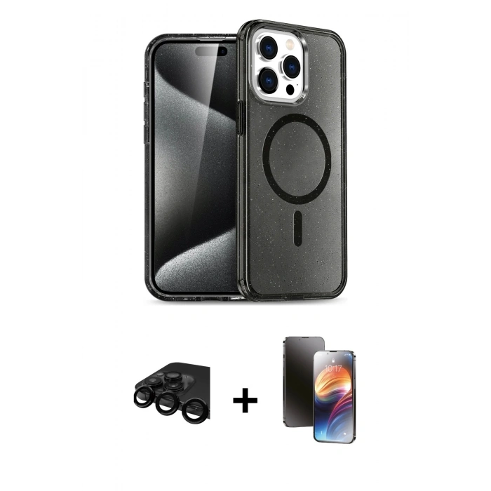 MARSİLYAN™- iPhone 15 Pro Max Kılıf Nova Asil Prime - Siyah 3D Antistatik Mat Seramik Nano Ekran Koruyucu + Siyah Raze Metal Kamera Lens