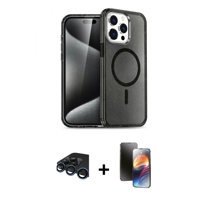 MARSİLYAN™- iPhone 15 Pro Max Kılıf Nova Asil Prime - Siyah 3D Antistatik Mat Seramik Nano Ekran Koruyucu + Raze Metal Kamera Lens - LT