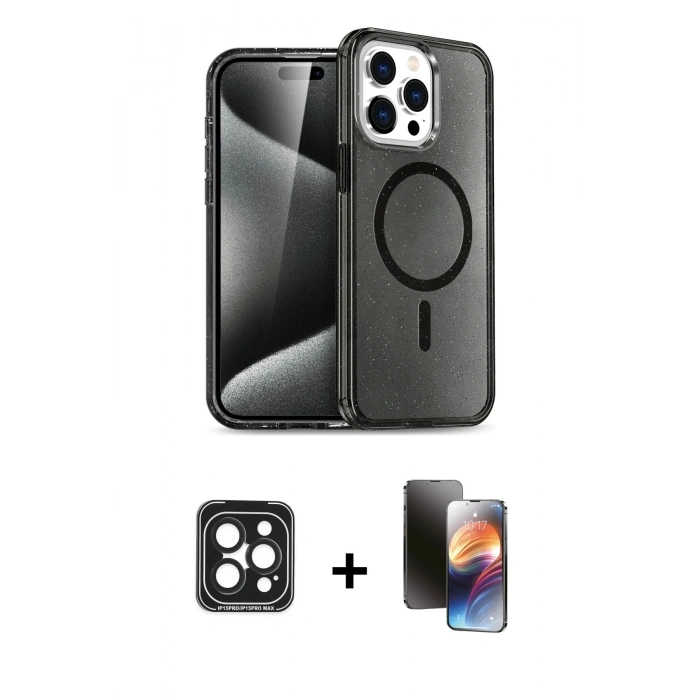 MARSİLYAN™- iPhone 15 Pro Max Kılıf Nova Asil Prime - Siyah 3D Antistatik Mat Seramik Nano Ekran Koruyucu + PVD Metal Kamera Lens - SH