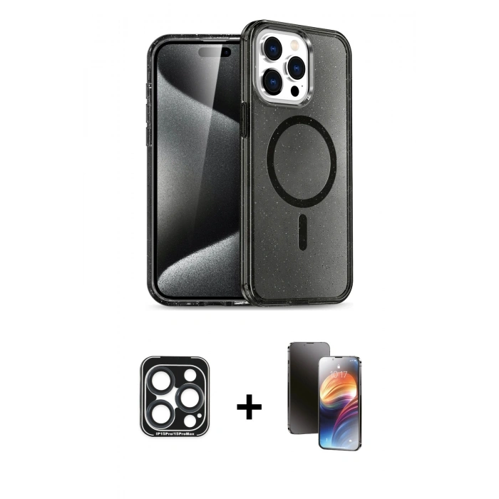 MARSİLYAN™- iPhone 15 Pro Max Kılıf Nova Asil Prime - Siyah 3D Antistatik Mat Seramik Nano Ekran Koruyucu + PVD Metal Kamera Lens - LT