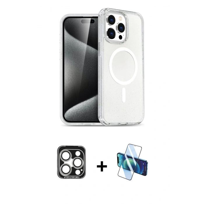 MARSİLYAN™- iPhone 15 Pro Max Kılıf Nova Asil Prime - Siyah 3D Antistatik Seramik Nano Ekran Koruyucu + PVD Metal Kamera Lens - GS