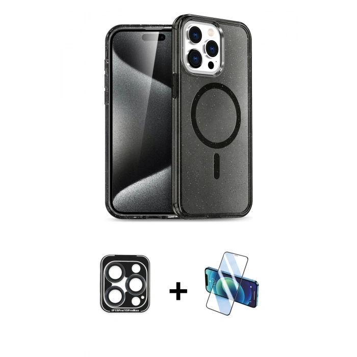 MARSİLYAN™- iPhone 15 Pro Max Kılıf Nova Asil Prime - Siyah 3D Antistatik Seramik Nano Ekran Koruyucu + PVD Metal Kamera Lens - LT