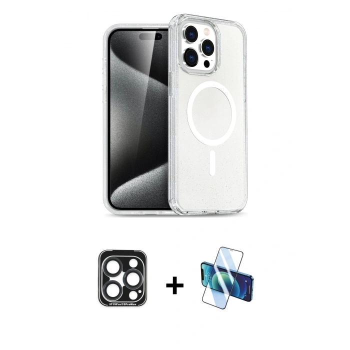 MARSİLYAN™- iPhone 15 Pro Max Kılıf Nova Asil Prime - Siyah 3D Antistatik Seramik Nano Ekran Koruyucu + PVD Metal Kamera Lens - LT