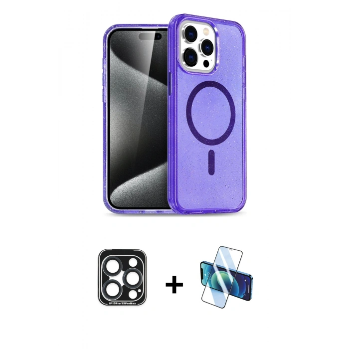 MARSİLYAN™- iPhone 15 Pro Max Kılıf Nova Asil Prime - Siyah 3D Antistatik Seramik Nano Ekran Koruyucu + PVD Metal Kamera Lens - LT