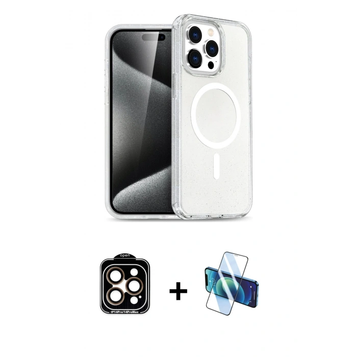 MARSİLYAN™- iPhone 15 Pro Max Kılıf Nova Asil Prime - Siyah 3D Antistatik Seramik Nano Ekran Koruyucu + PVD Metal Kamera Lens - TU