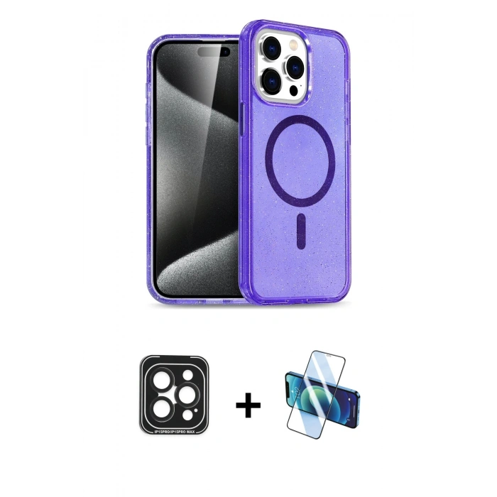 MARSİLYAN™- iPhone 15 Pro Max Kılıf Nova Asil Prime - Siyah 3D Antistatik Seramik Nano Ekran Koruyucu + PVD Metal Kamera Lens - SH