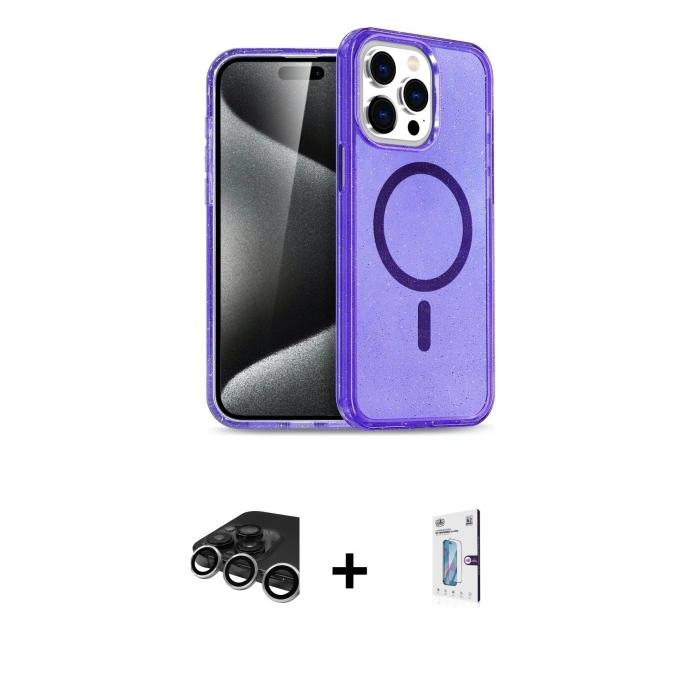 MARSİLYAN™- iPhone 15 Pro Max Kılıf Nova Asil Prime - Siyah Bilvis 0.18mm Plus Cam Ekran Koruyucu + Raze Metal Kamera Lens - GS
